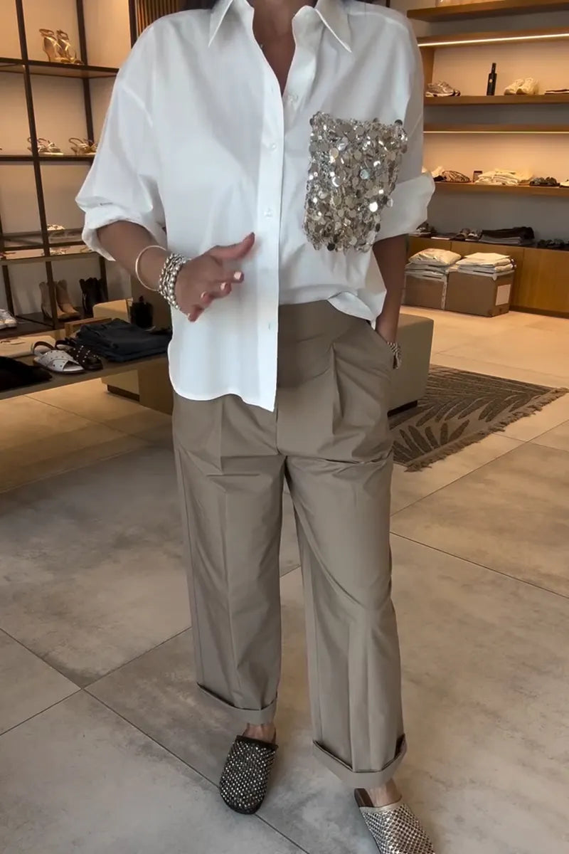 Women Collar Patchwork Sequined Pocket Shirt or Wide Leg Pants