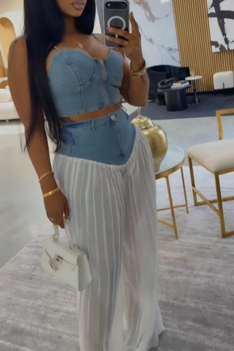 Women Camisole Denim Top or Patchwork Pleated Pants Casual Set