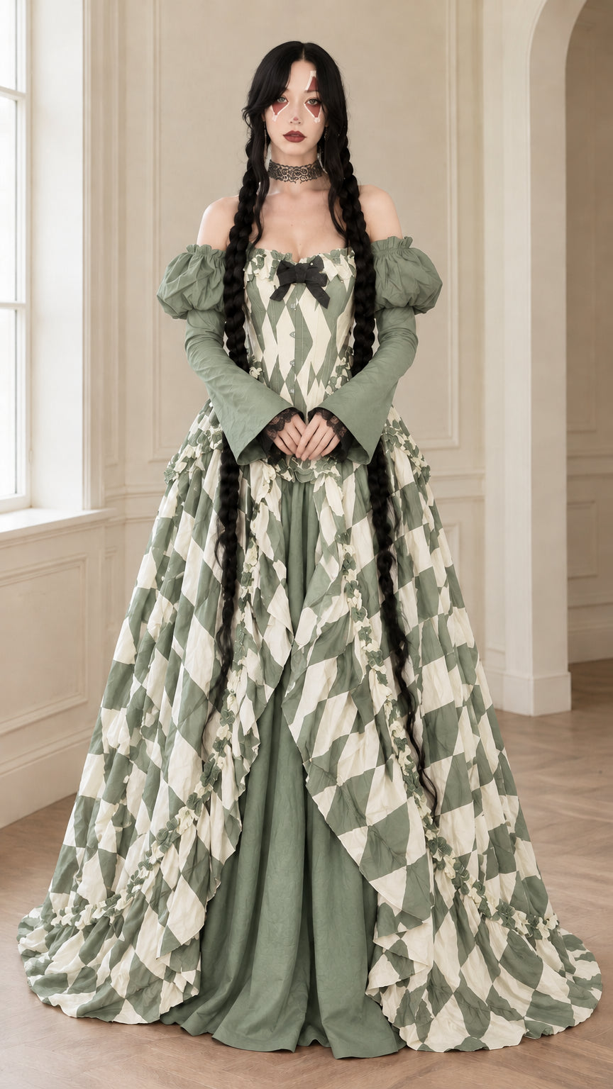 Front full-length view of model wearing Sage Green gothic harlequin ball gown