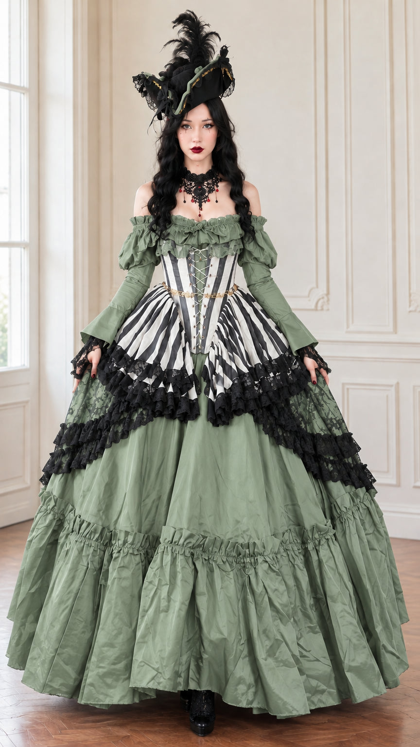 Sage green gothic Victorian corset maxi ballgown dress