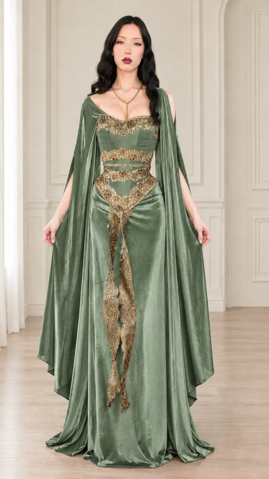 Sage green velvet fantasy maxi gown with long cape sleeves