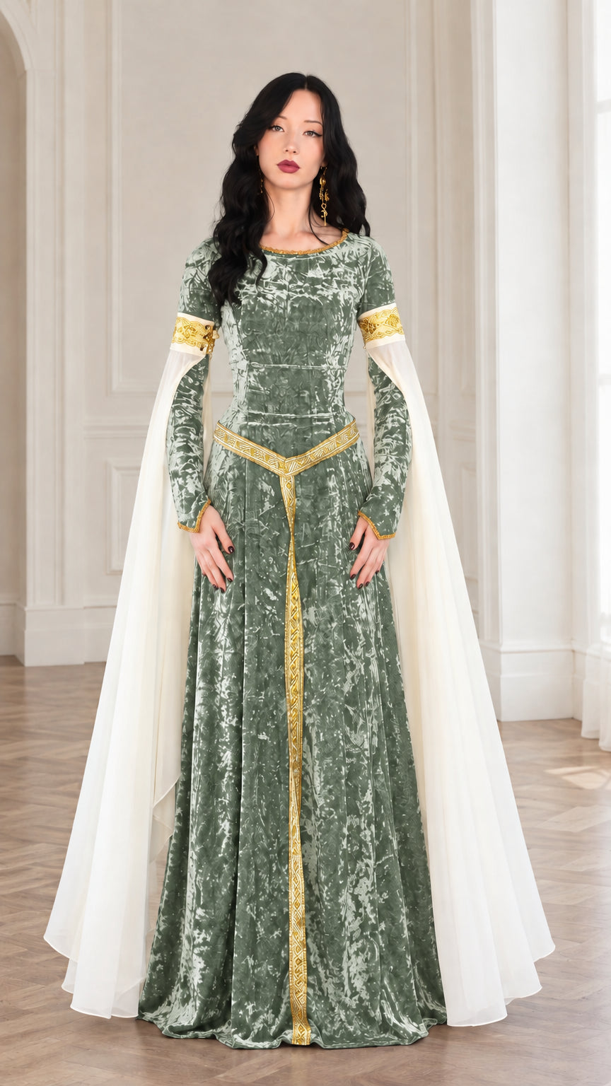 Front full-length view of sage green crushed velvet Renaissance dress with gold trim and white drapes