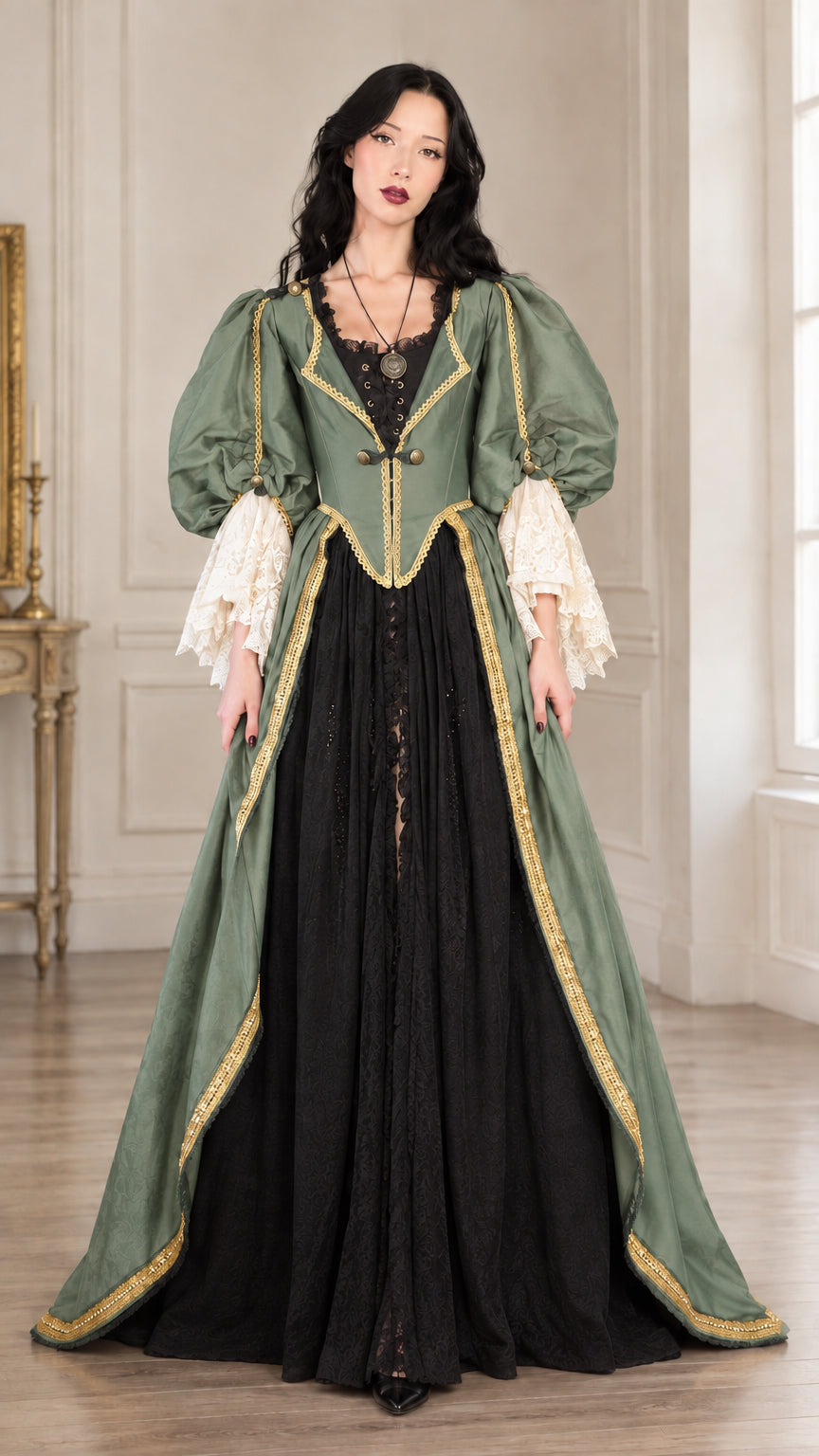 Full-length front view of the victorian ball gown in sage green with gold trim