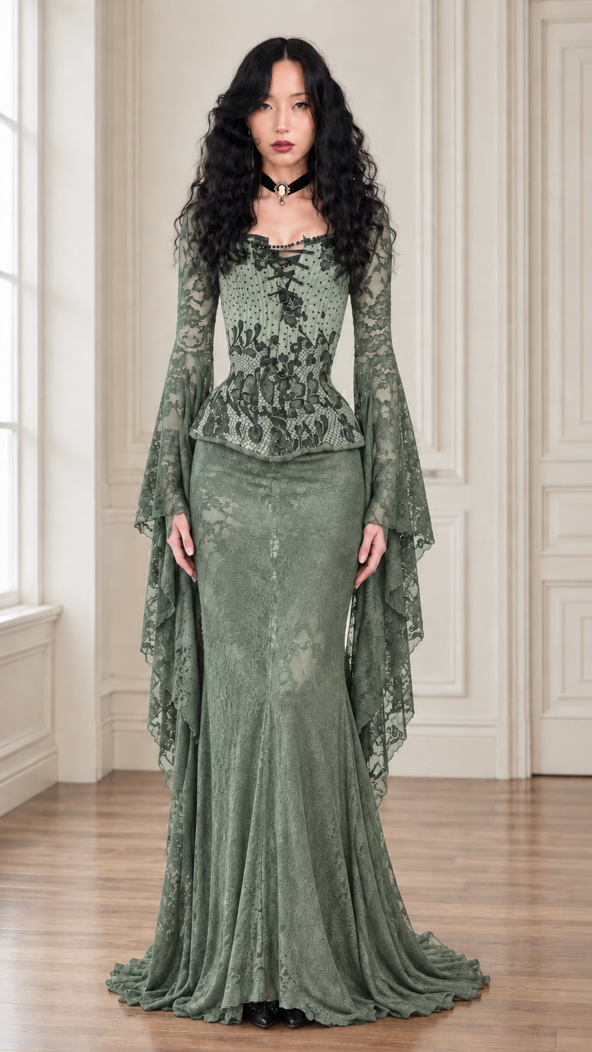 Sage green gothic floral lace corset dress with dramatic trailing sleeves