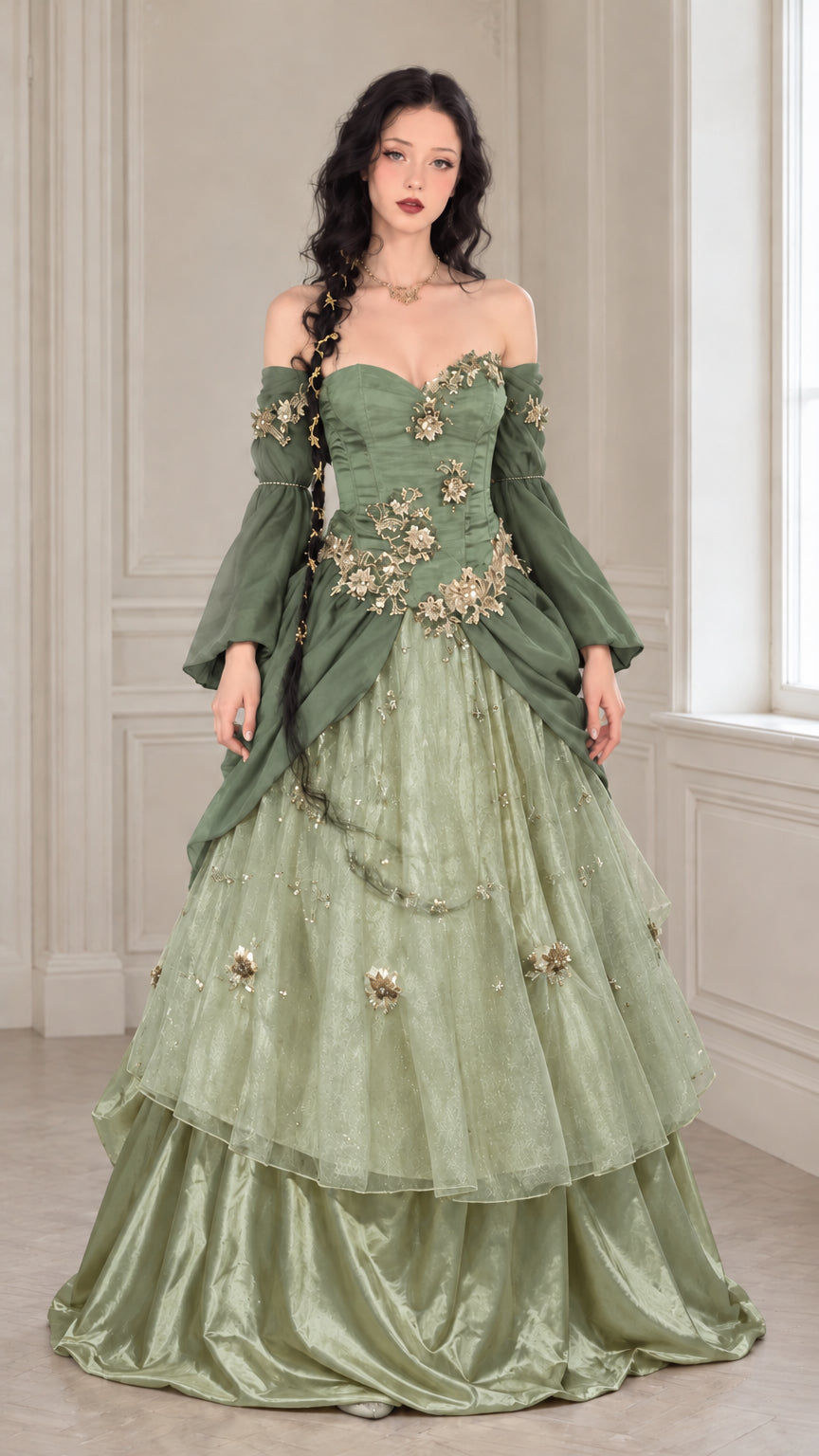 Sage green Renaissance ball gown with gold embroidered corset bodice