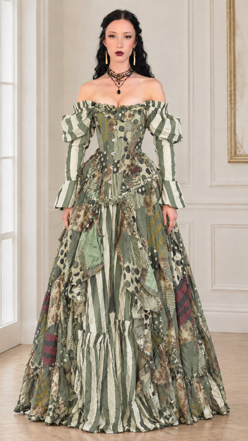 Full front view of sage green patchwork off-shoulder corset ball gown