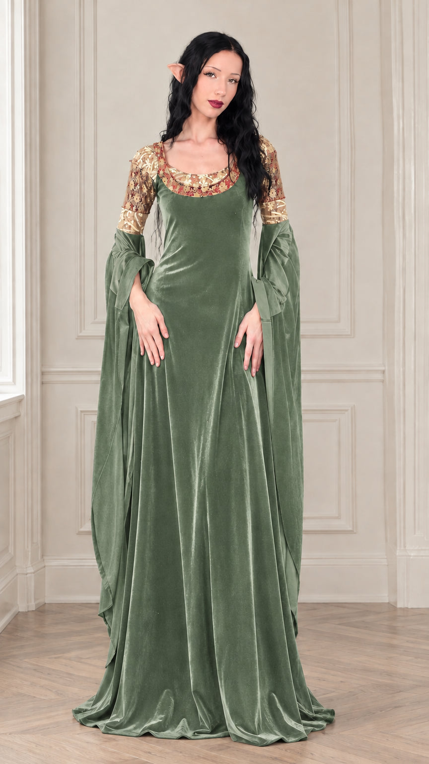 Full-length front view of sage green velvet elven maxi dress with long cape sleeves
