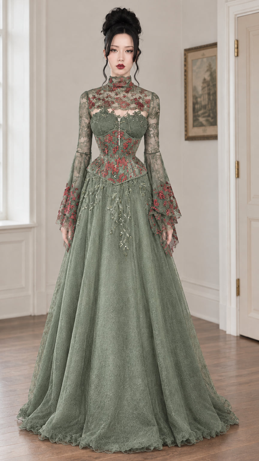 Full-length front view of sage green gothic romantic corset evening gown