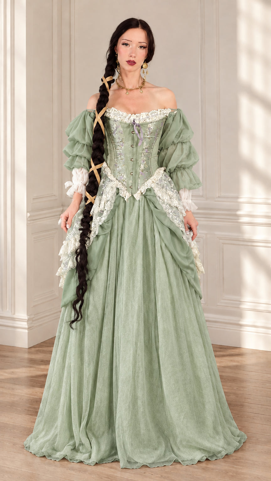 Sage green Renaissance ball gown with embroidered corset and sweeping skirt
