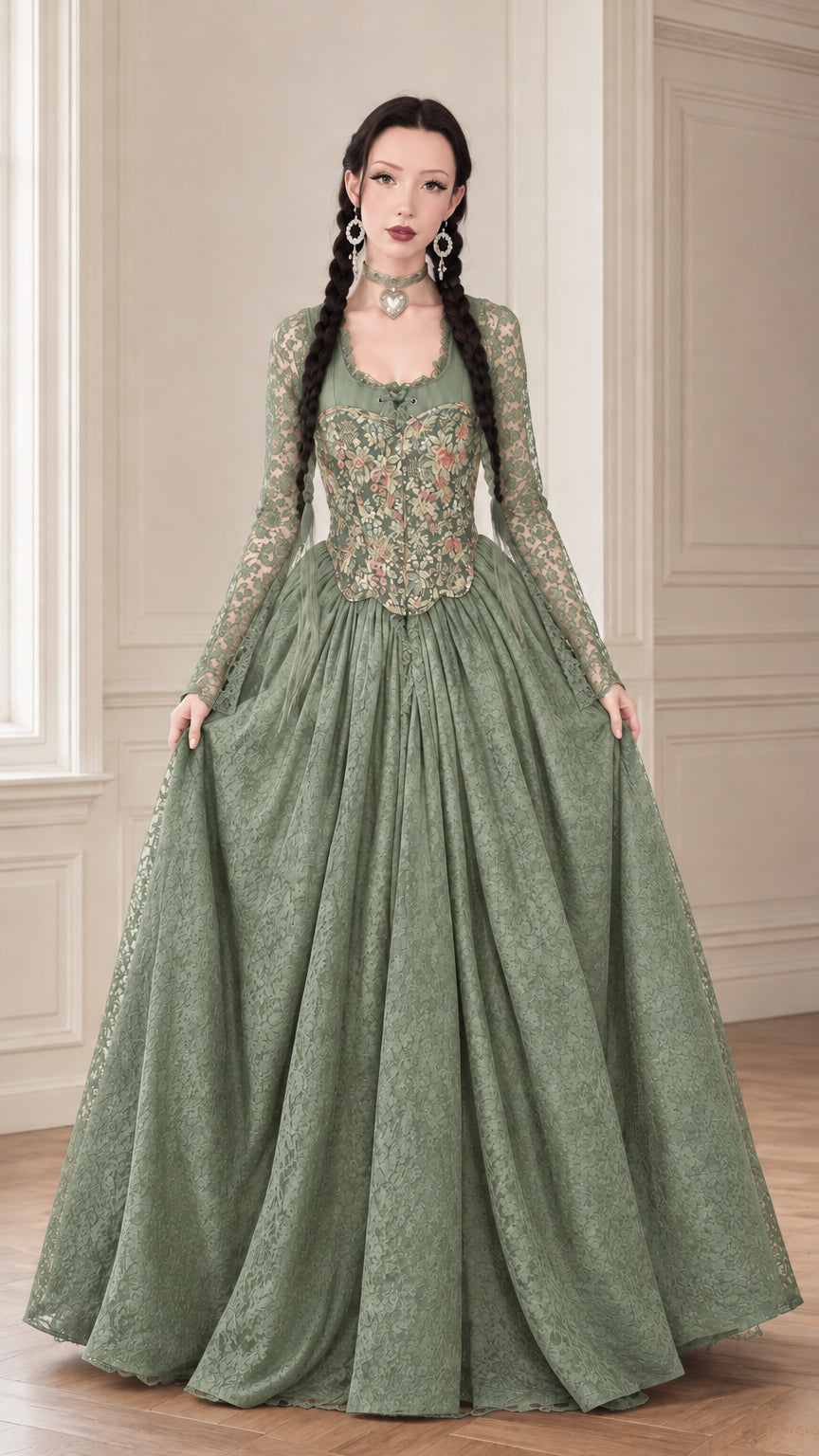 Front full-length view of the sage green floral tapestry lace ball gown