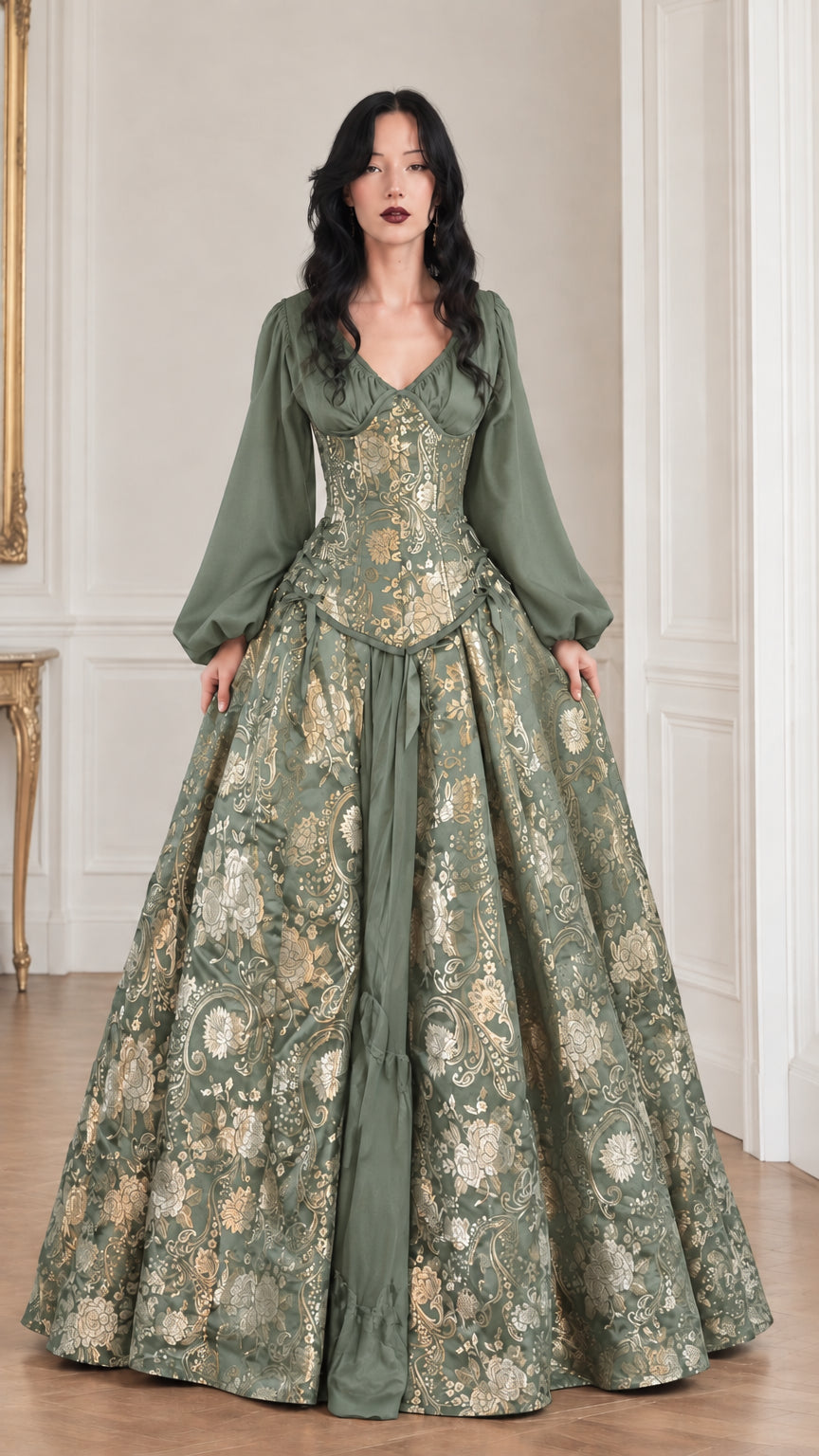 Sage green brocade corset ball gown with draped skirt and puffed sleeves