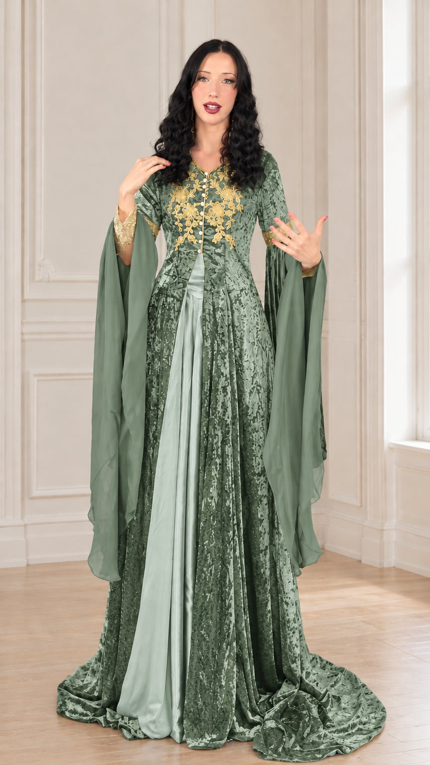 Sage green crushed velvet renaissance maxi dress with gold floral detailing