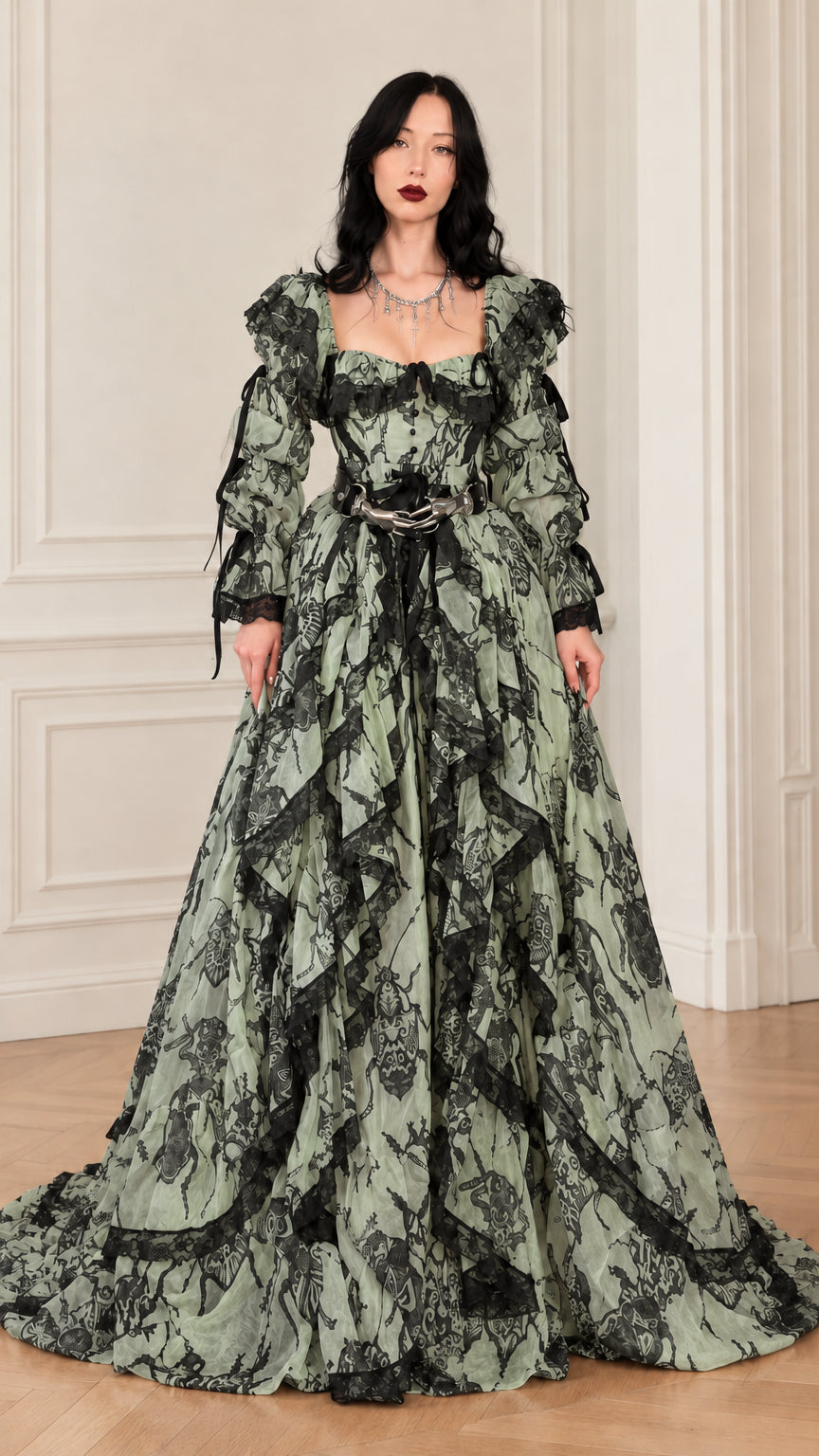 Front view of sage green and black baroque lace tiered ruffle maxi gown