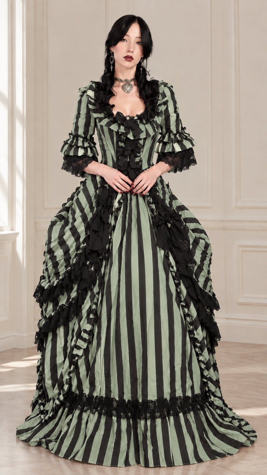 Sage green and black striped Victorian gothic ball gown dress