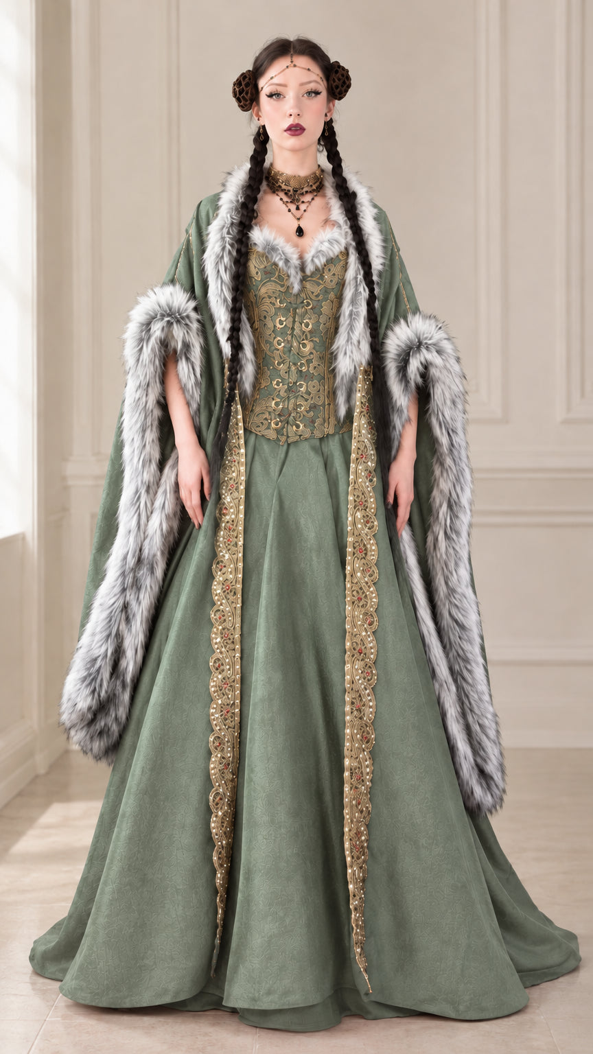 Sage green medieval court dress with brocade bodice and sweeping faux fur sleeves