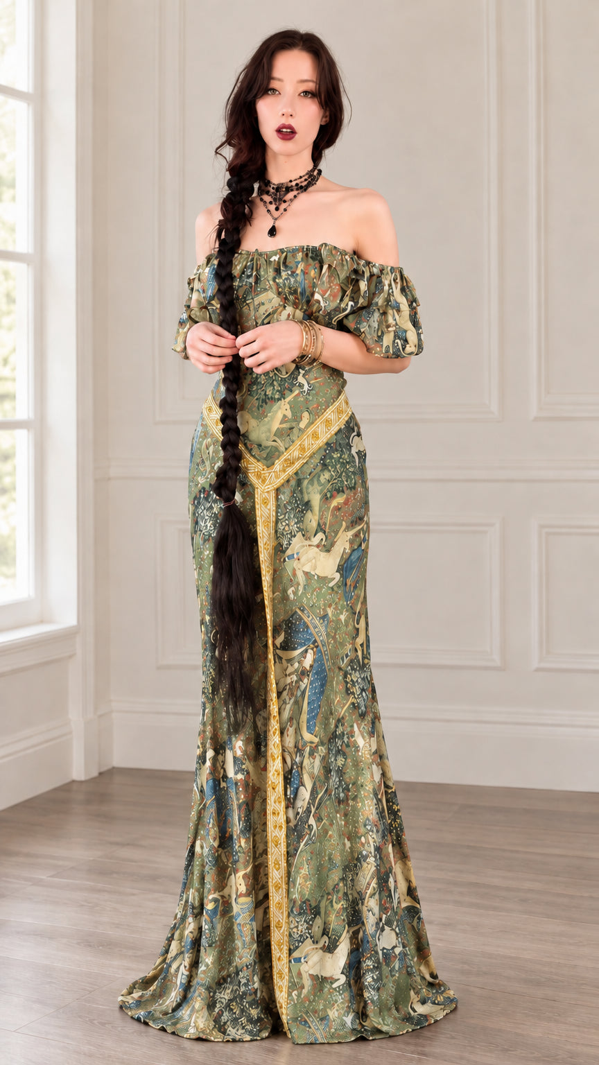 Front full view of olive green tapestry print off-shoulder maxi dress with gold trim