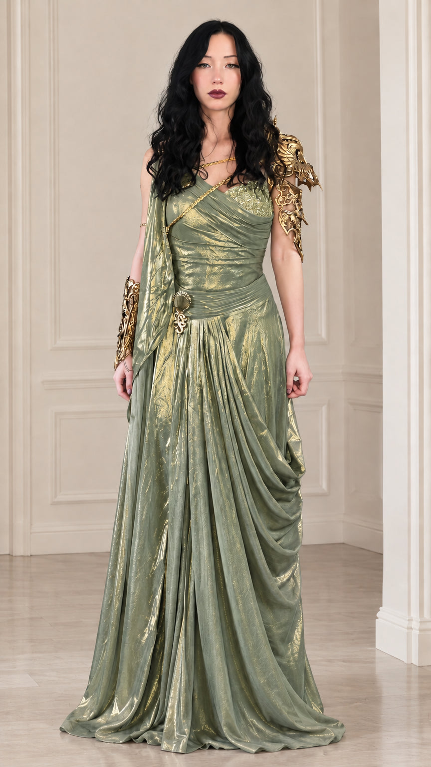 Sage green metallic draped Grecian gown with gold shoulder detail