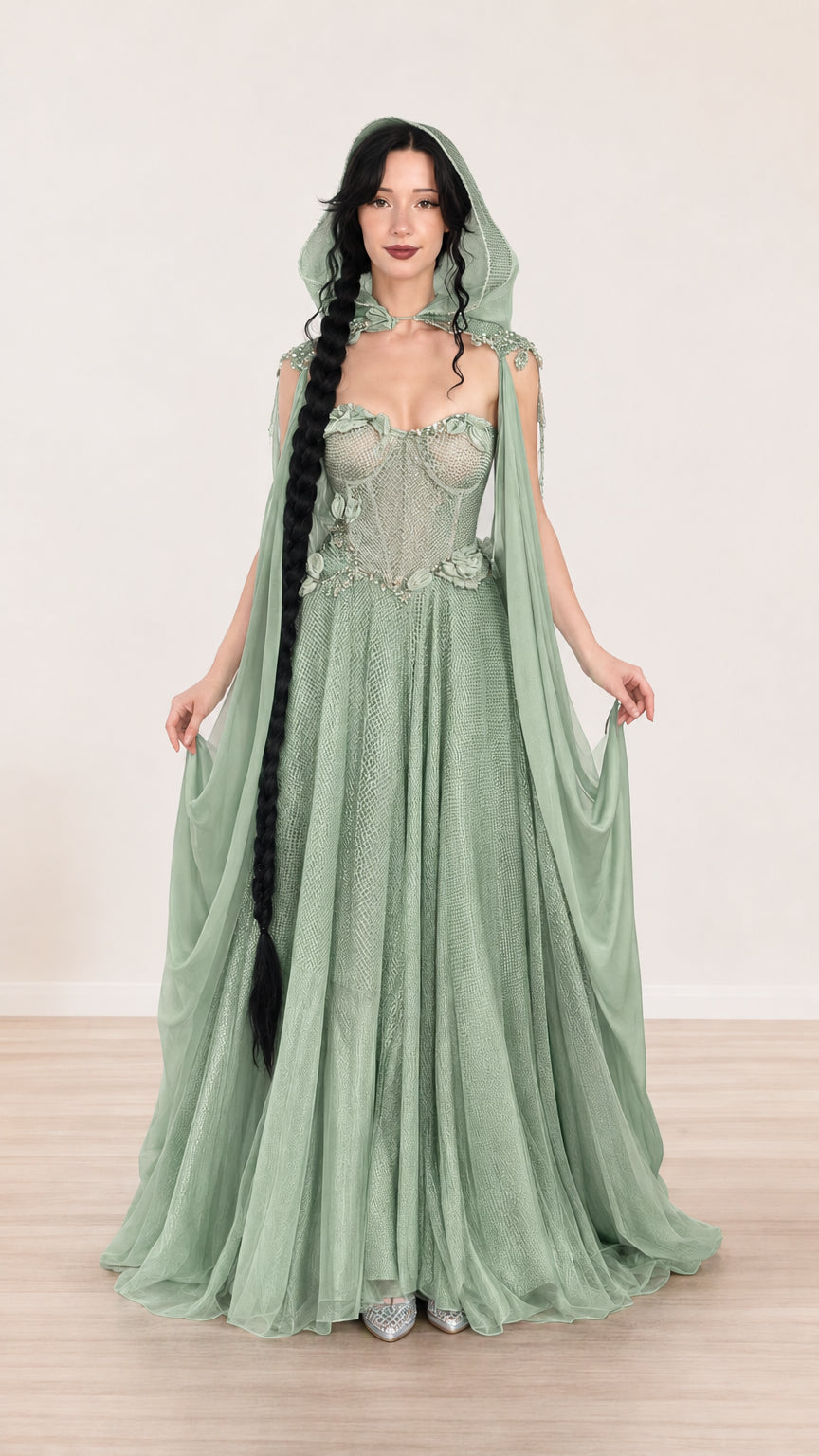 Full-length front view of sage green hooded corset gown with draped sheer cape