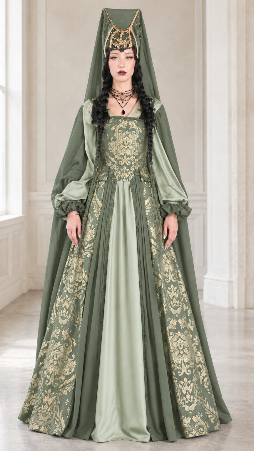 Full front view of medieval brocade gown in sage green
