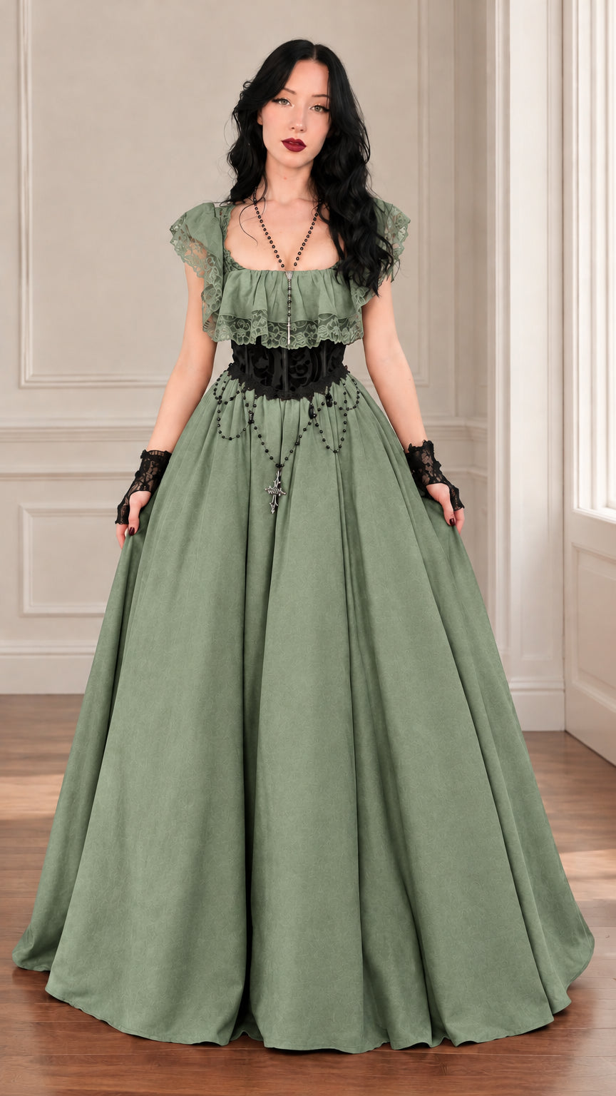 Front view of sage green Gothic Victorian lace ruffle maxi ball gown dress