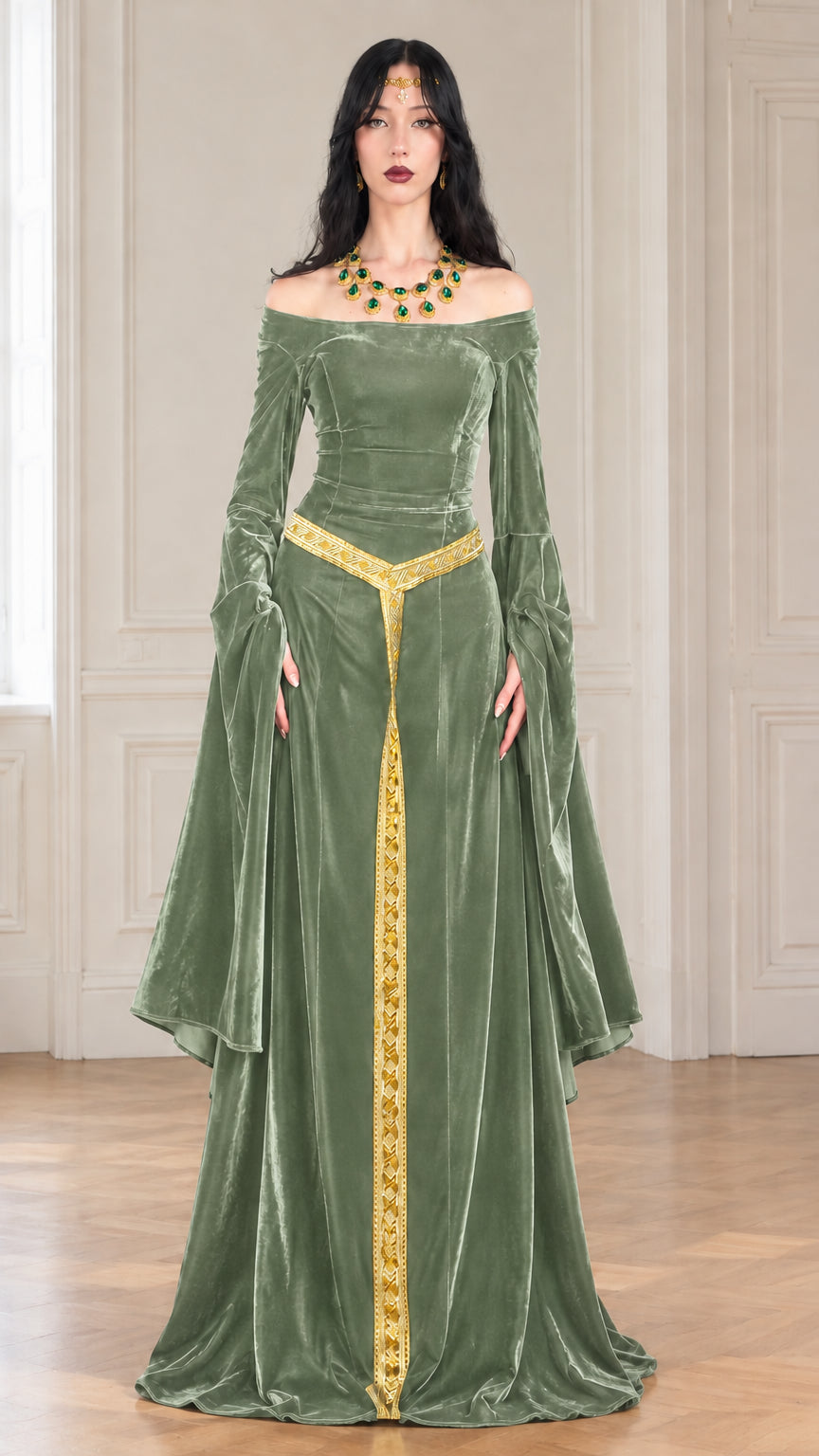 Full front view of sage green velvet medieval gown with gold trim and dramatic hanging sleeves