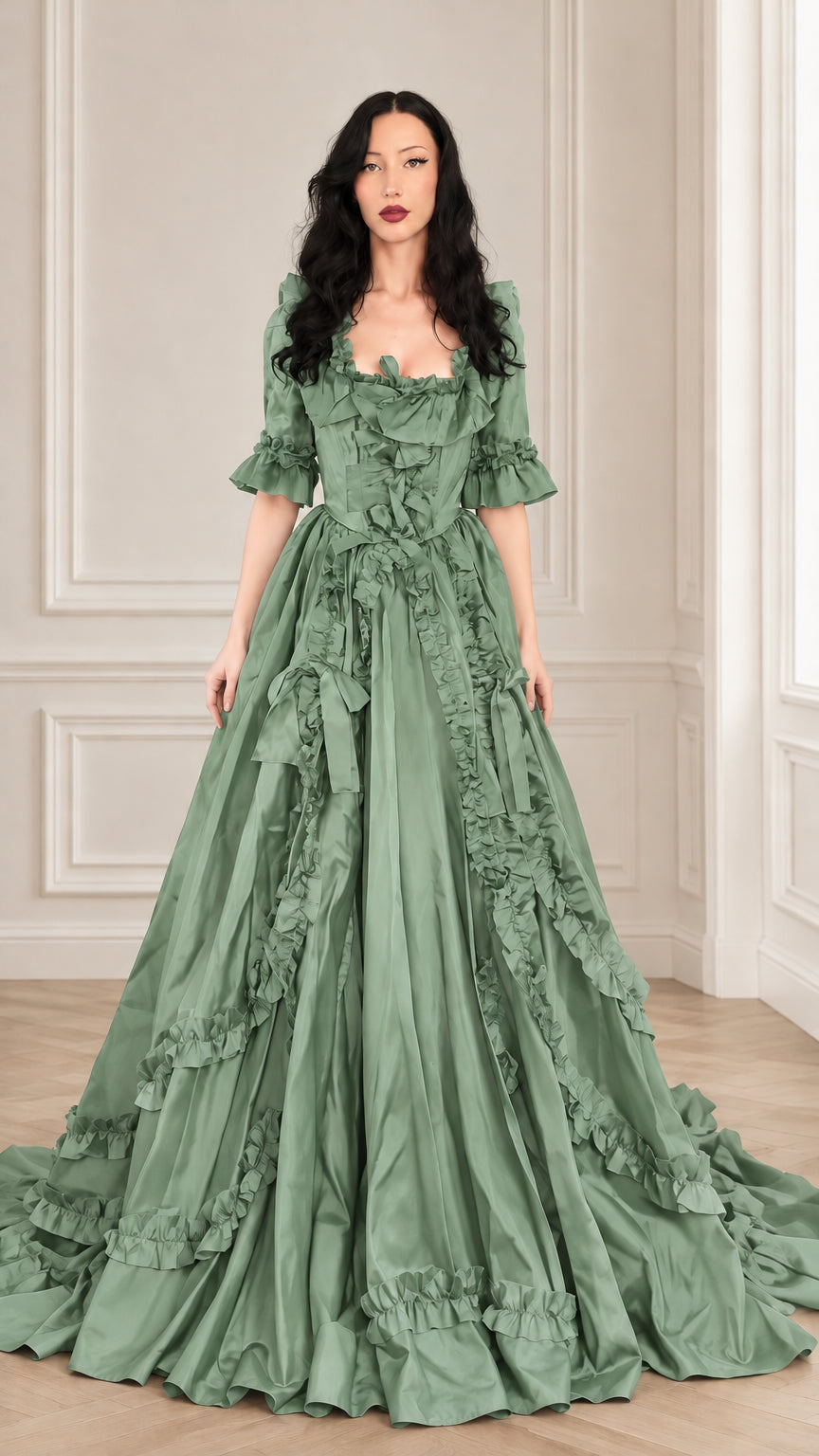 Woman wearing a sage green vintage Victorian ruffled square neck maxi dress