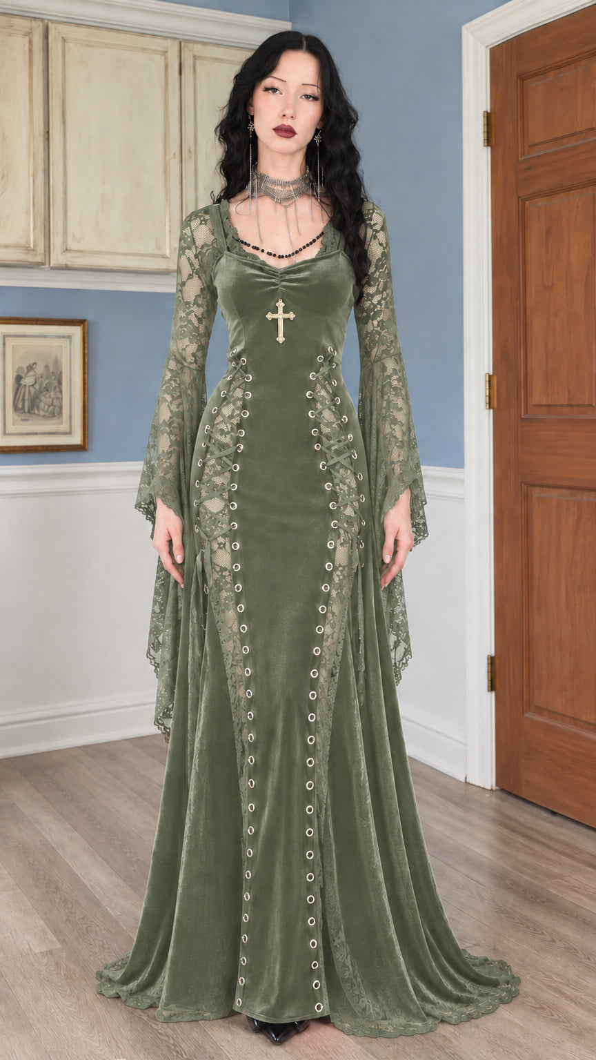 Sage Green gothic velvet maxi dress with lace-up accents and flared sleeves