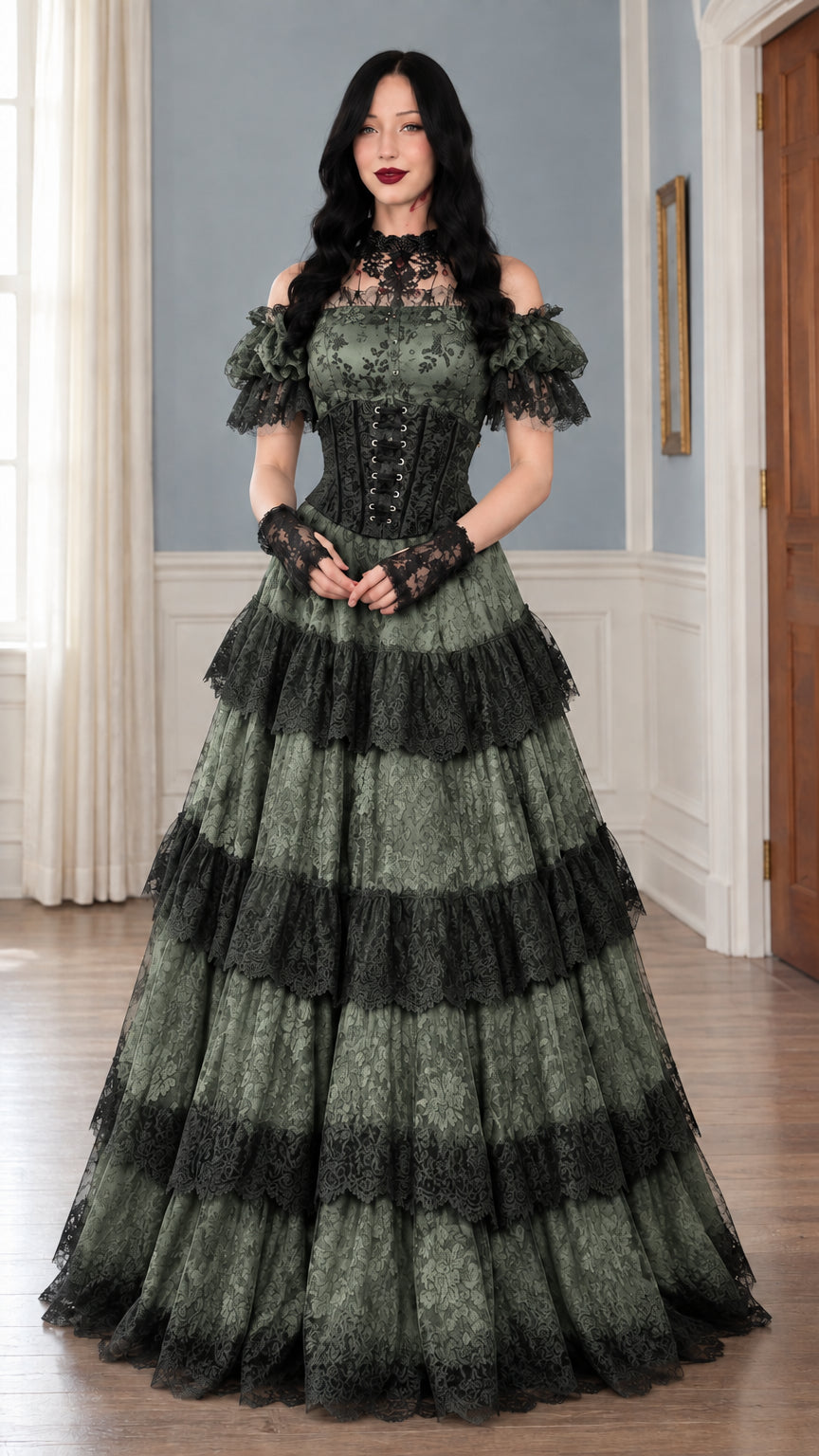 Front view of model wearing sage green and black tiered lace Victorian maxi dress