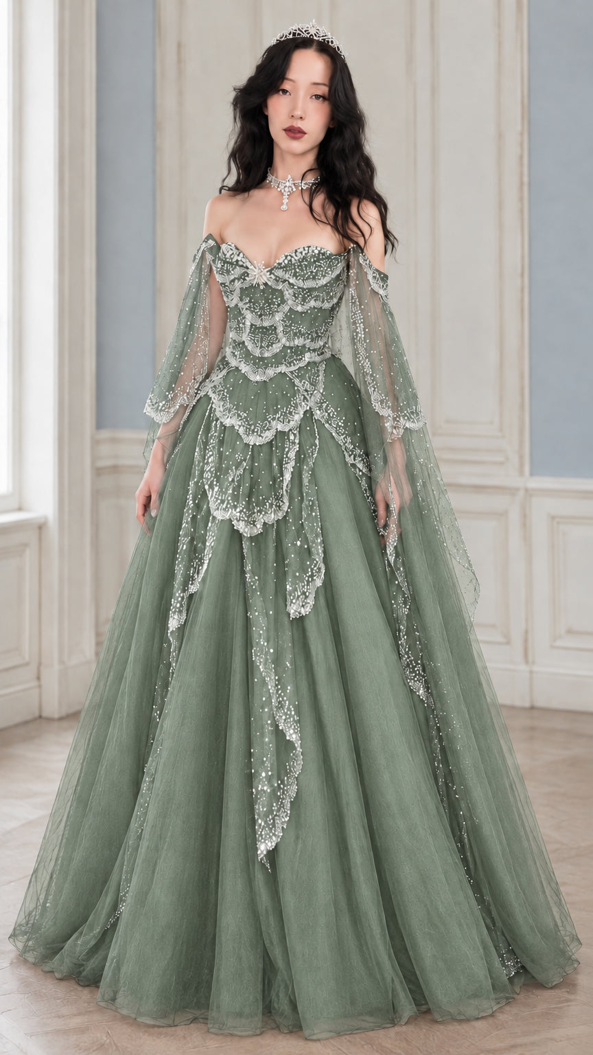 Sage green off-shoulder glitter sequin petal tulle evening dress