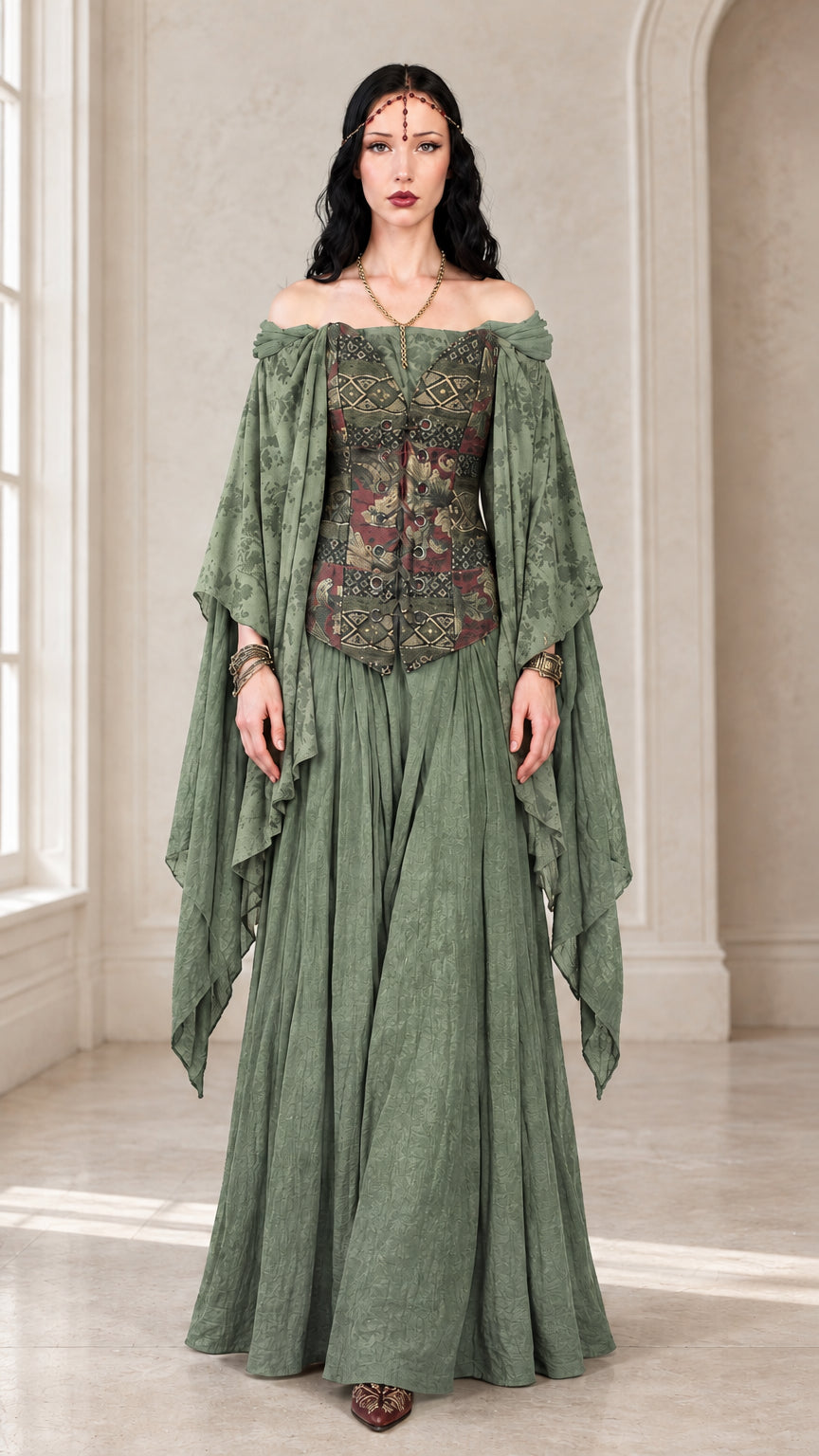 Front view of sage green Renaissance maxi gown with draped bell sleeves