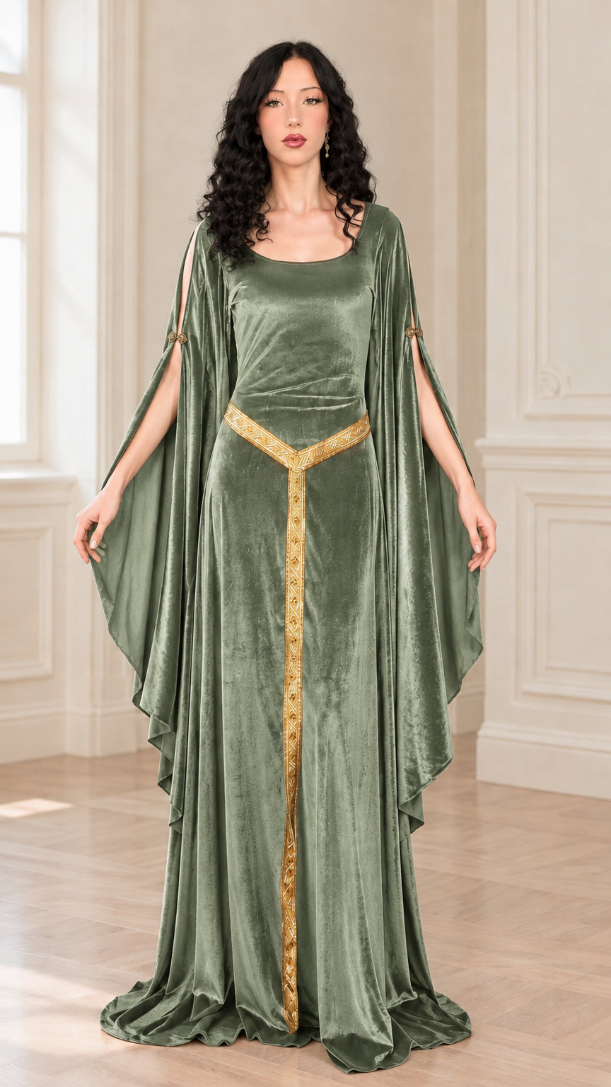 Sage green velvet medieval gown with gold embroidery trim