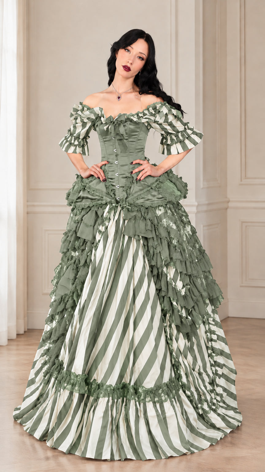 Front view of model wearing sage green and white striped Victorian gothic ball gown