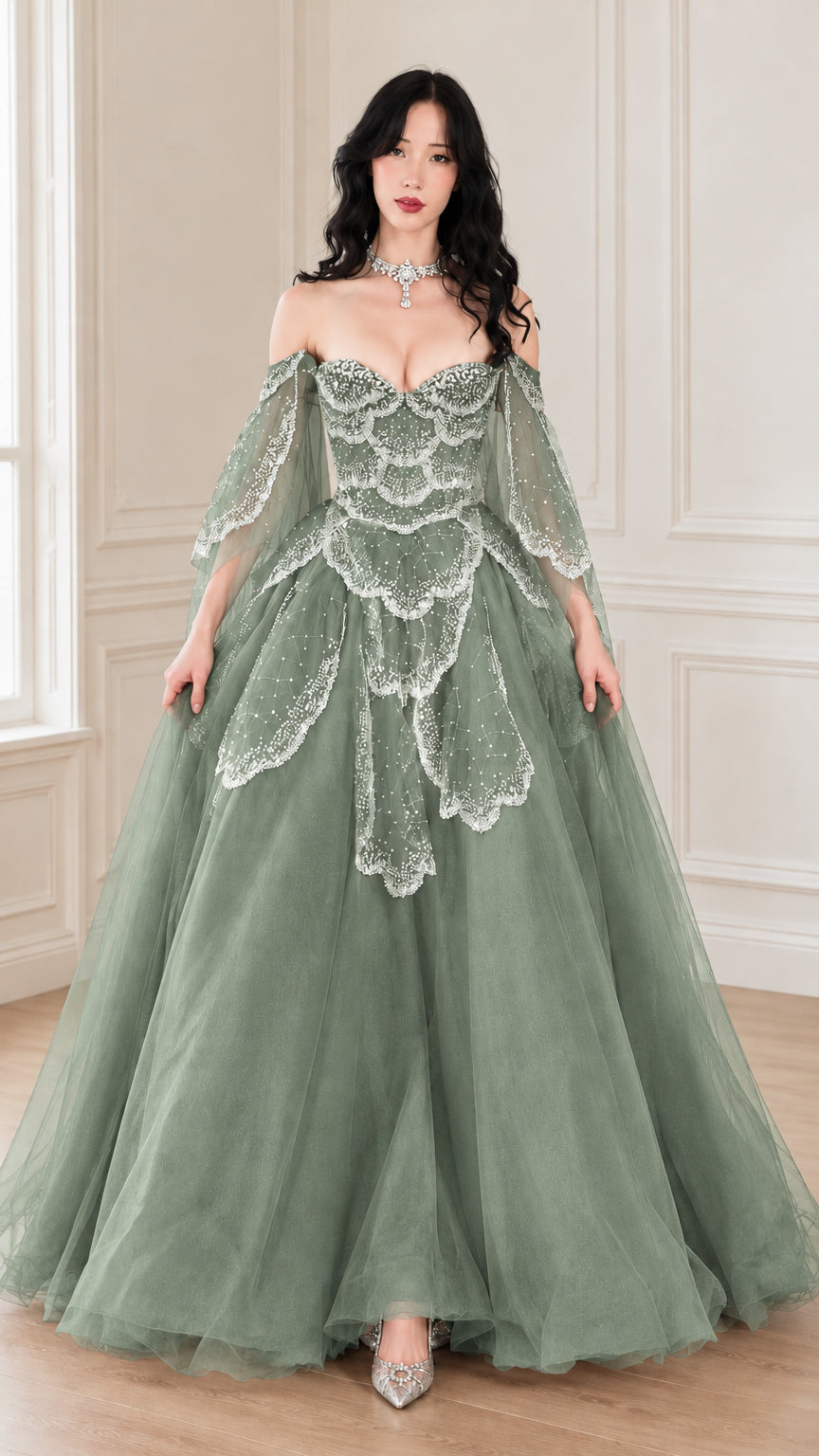 Front view of woman wearing sage green off-the-shoulder beaded tulle ball gown