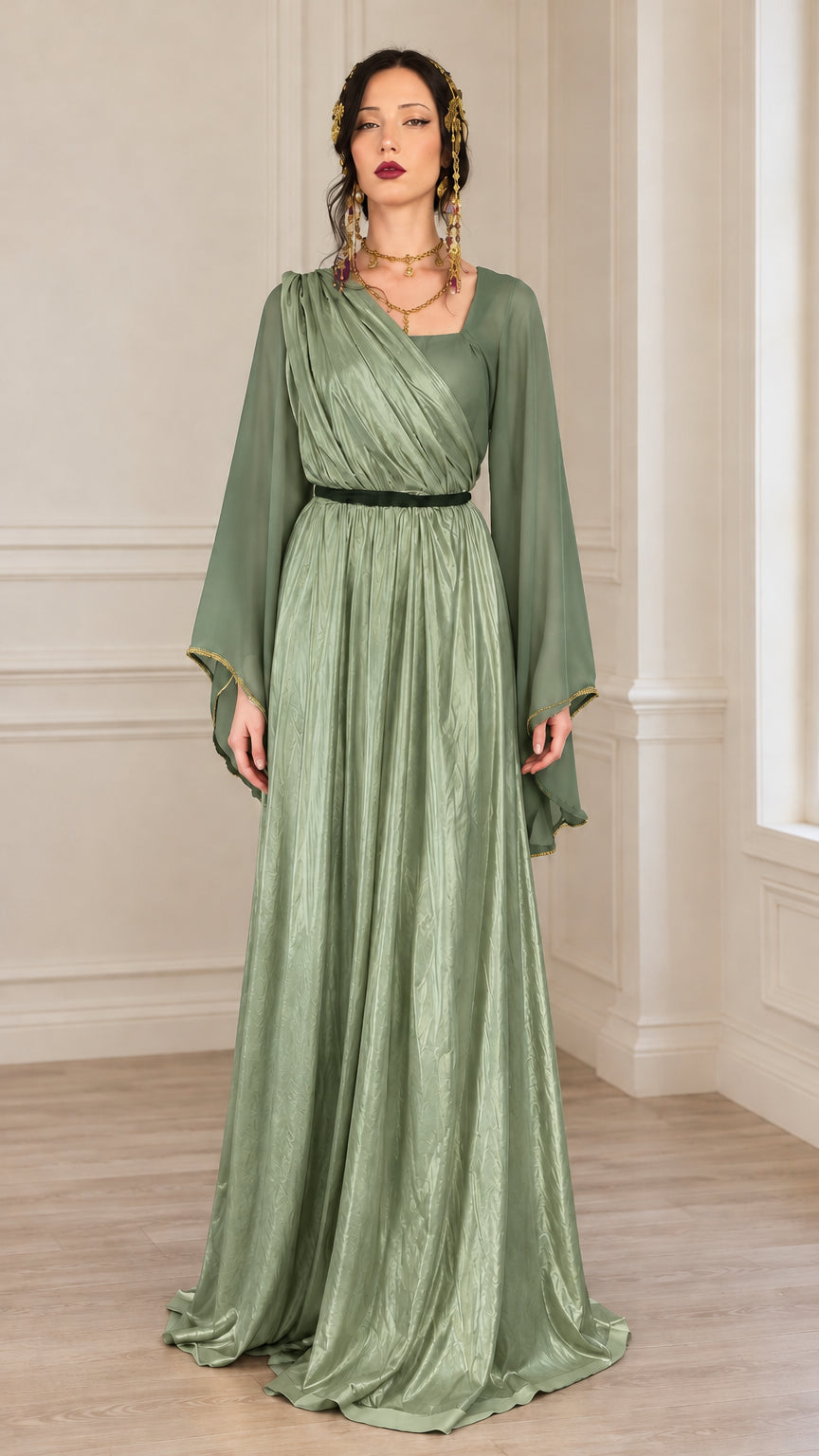 Front view of model wearing sage green draped maxi dress with bell sleeves