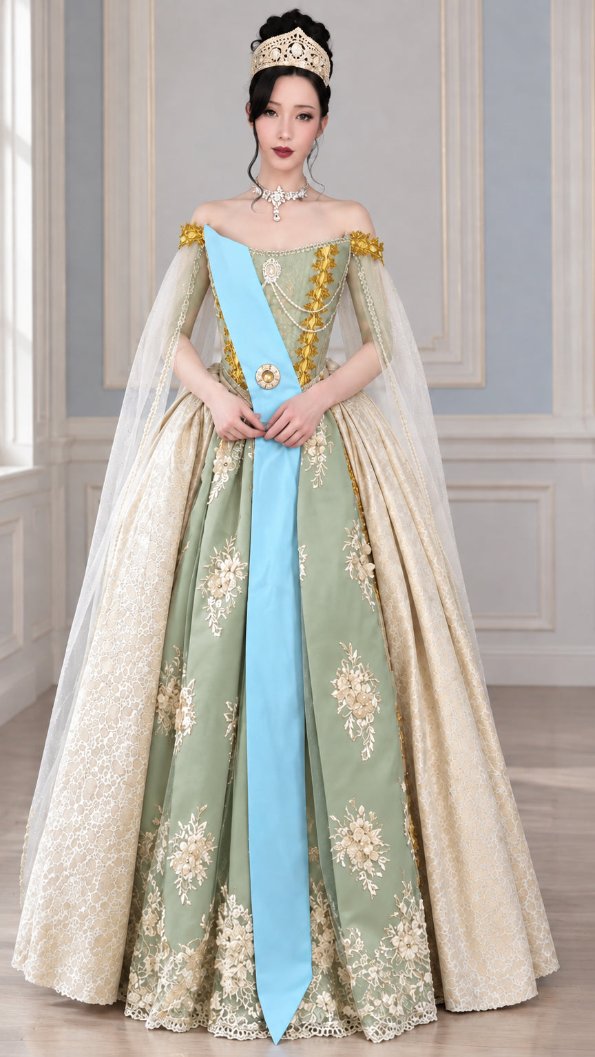 Sage green and gold vintage ball gown with ornate embroidery and cape sleeves