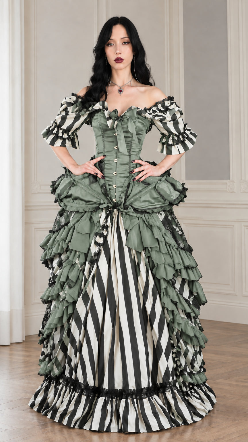 Front view of the sage green and black striped Victorian corset ball gown