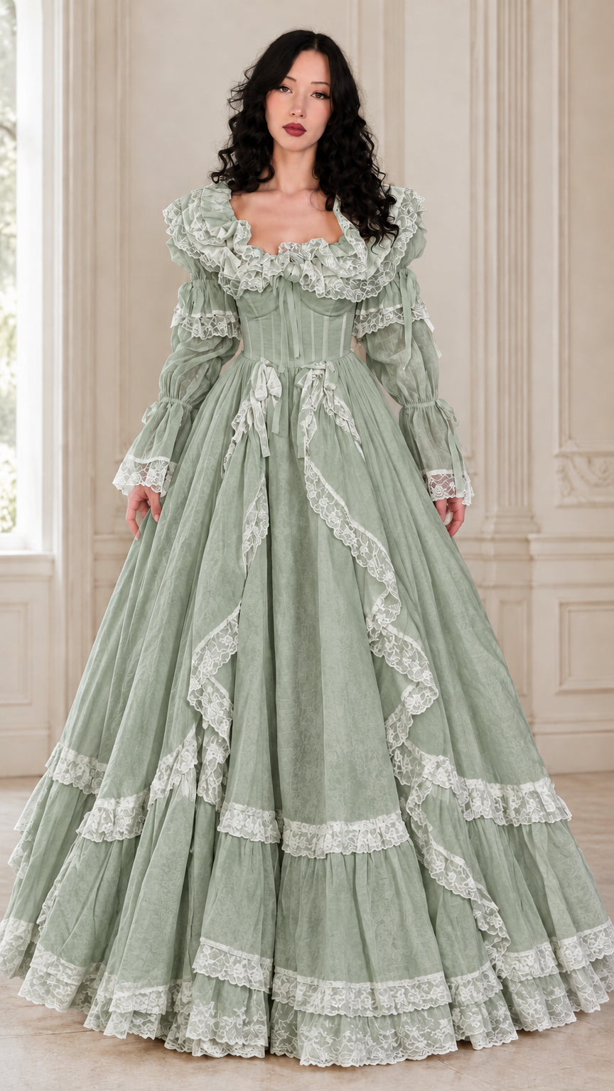 Full-length front view of vintage Renaissance lace ball gown in sage green