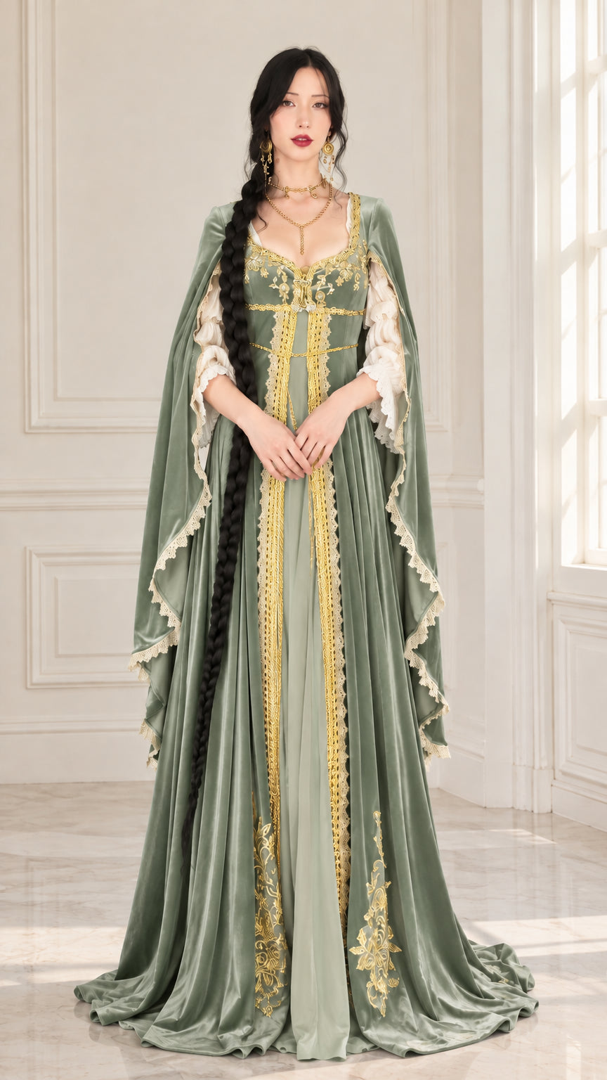 Front full-length view of sage green medieval velvet dress adorned with golden lace and trims