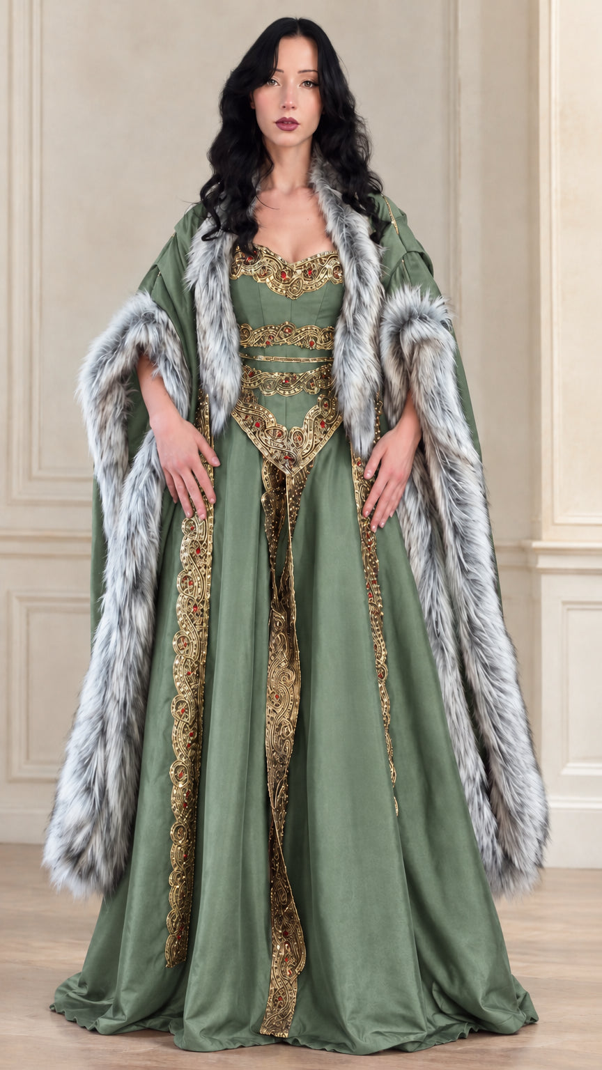 Sage green medieval gown with gold embroidery and fur trimmed cape