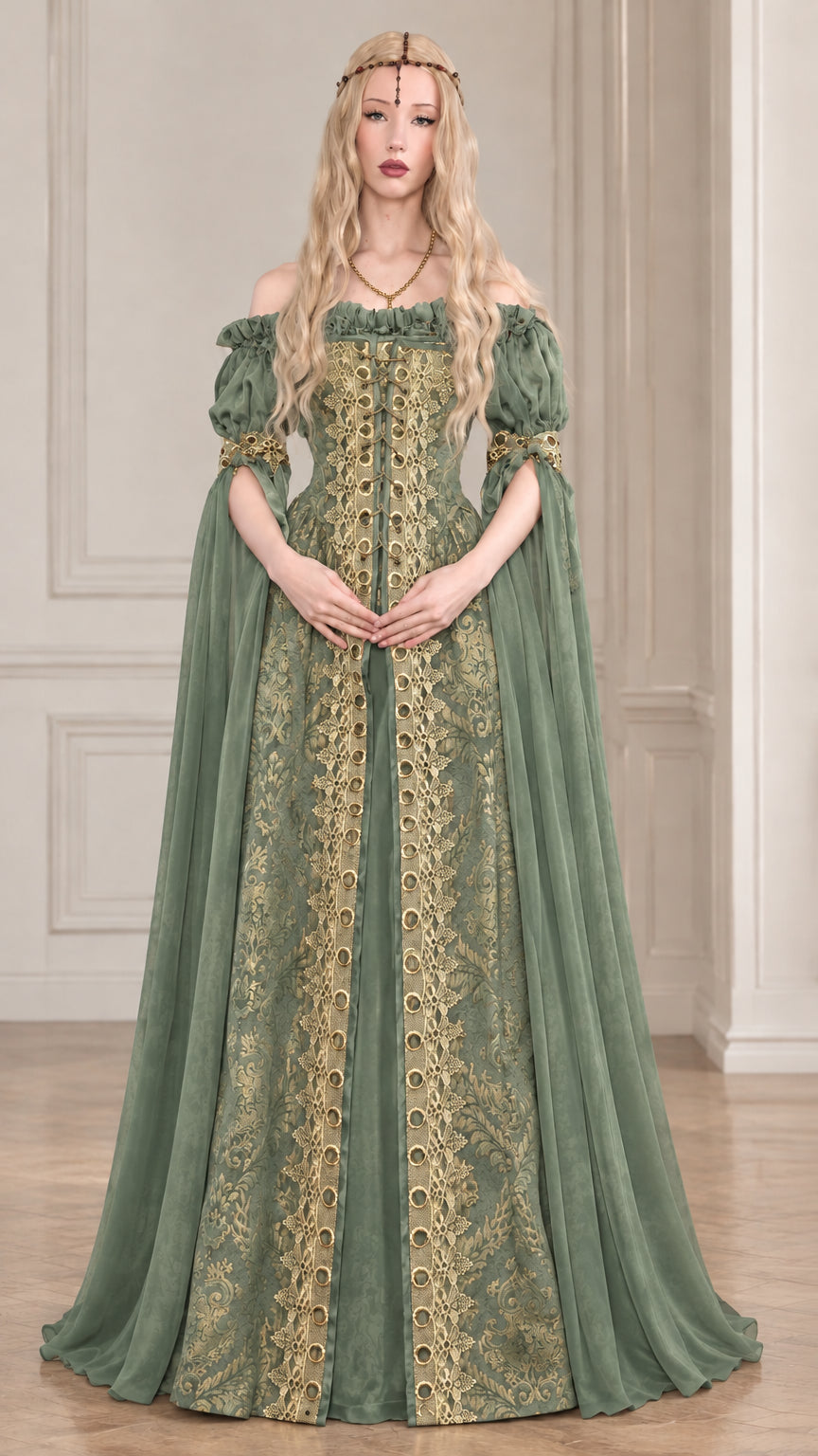 Front view of sage green renaissance medieval gown featuring gold jacquard detailing and matching cape sleeves