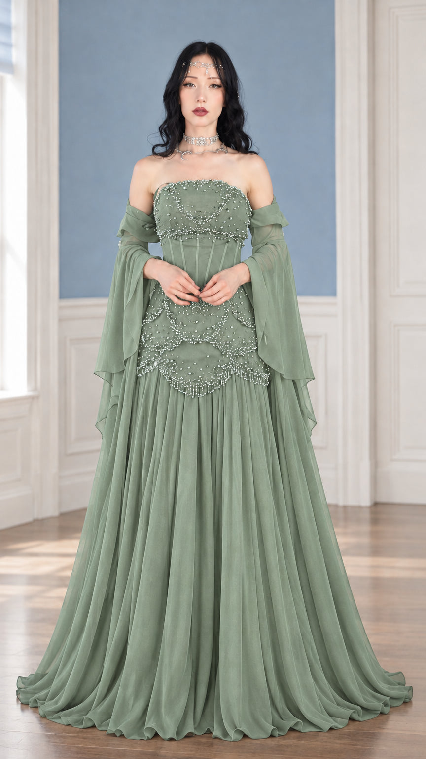 Front view of sage green beaded corset evening dress with draped cape sleeves