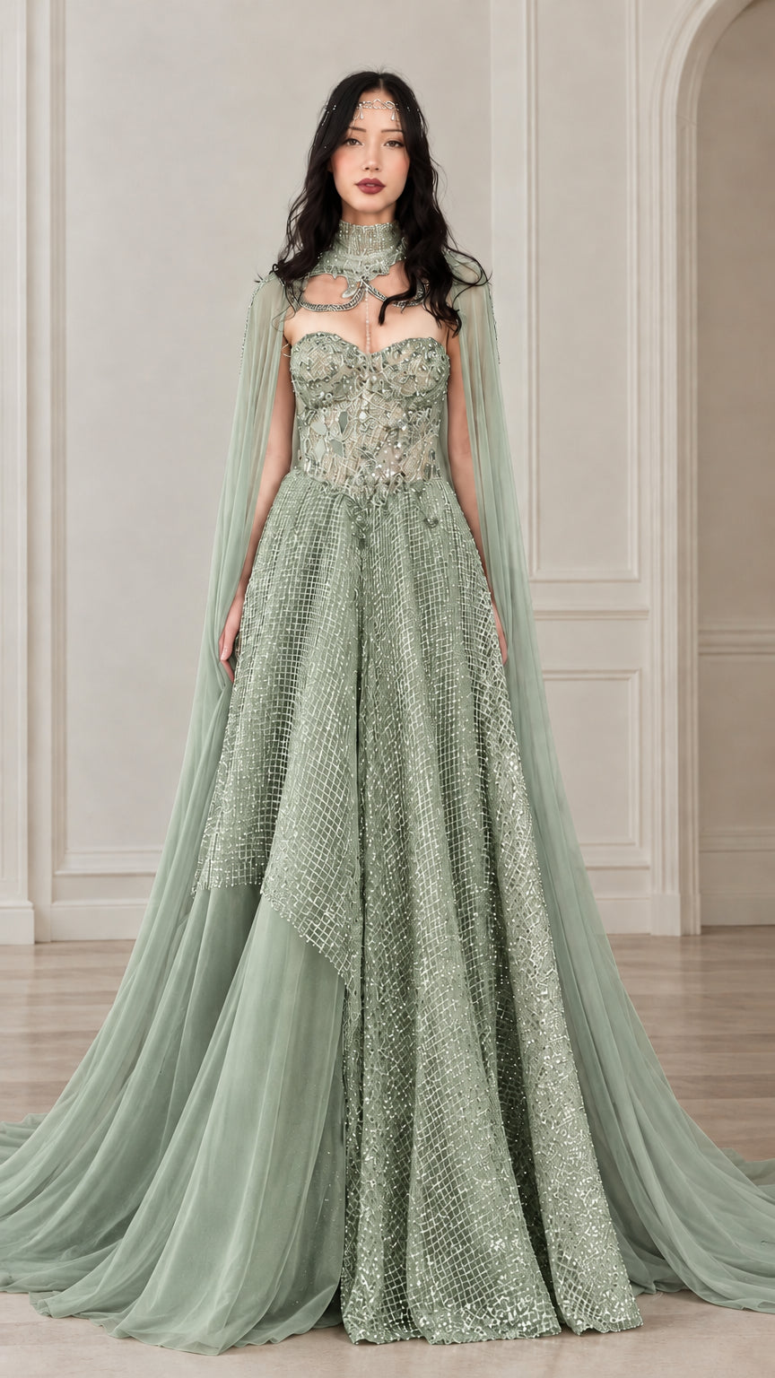 Full front view of sage green beaded sweetheart ball gown with draped matching cape overlay