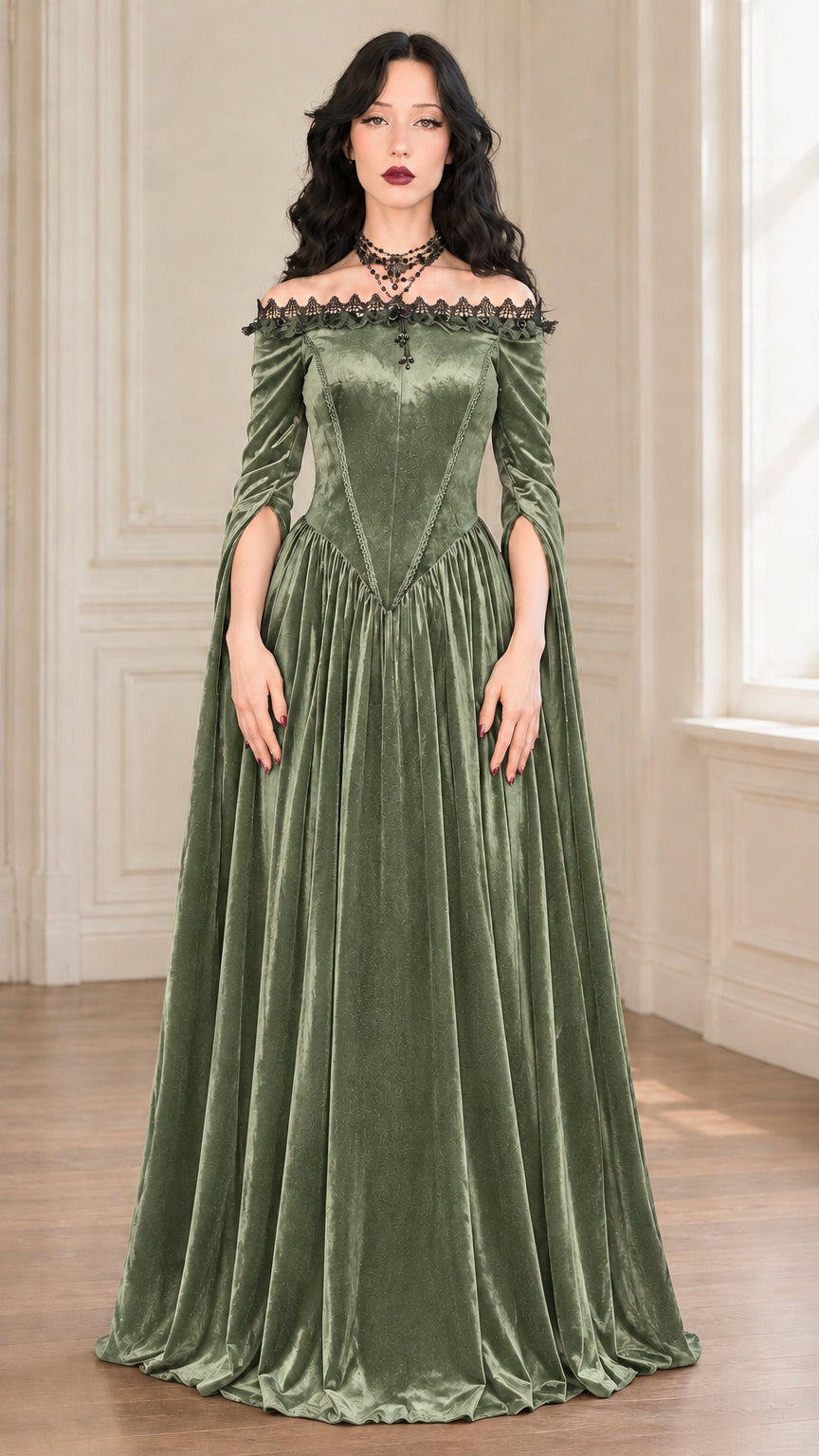 Sage green velvet off-the-shoulder Renaissance maxi dress front view