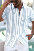 Men Blue White Vertical Stripe Textured Lapel Short Sleeve Button Down Shirt