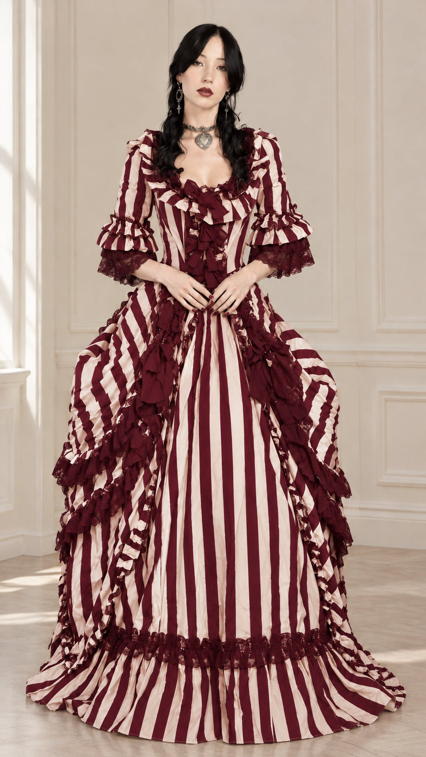 Burgundy and cream striped Victorian gothic ball gown dress