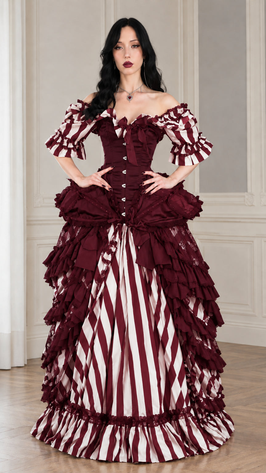 Front view of the burgundy and white striped Victorian corset ball gown