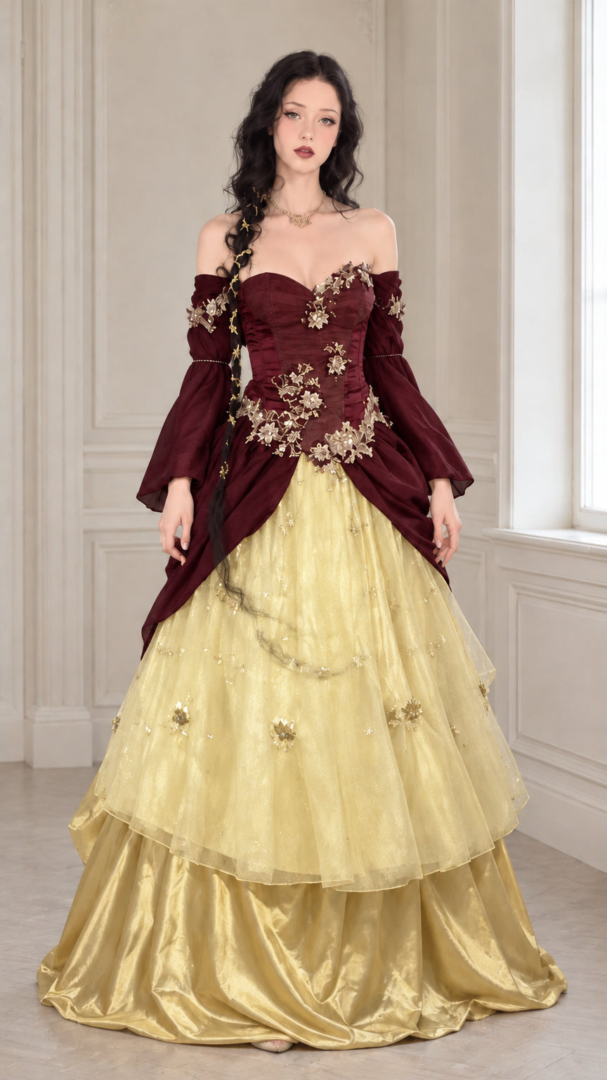 Burgundy and gold Renaissance ball gown with off-the-shoulder sweetheart neckline