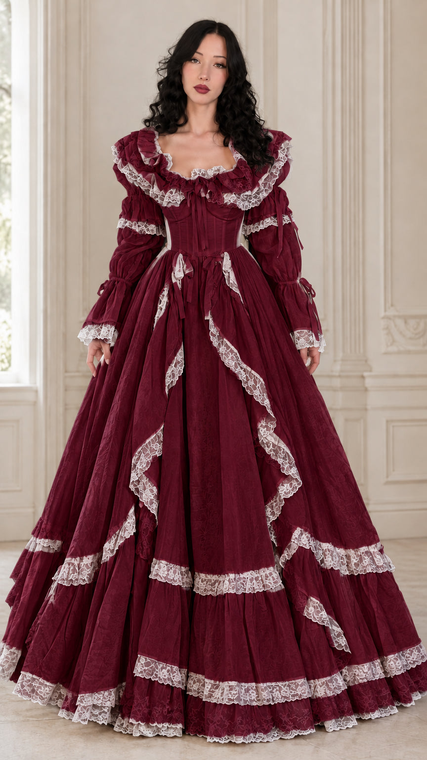 Full-length front view of Victorian corset ball gown in rich burgundy