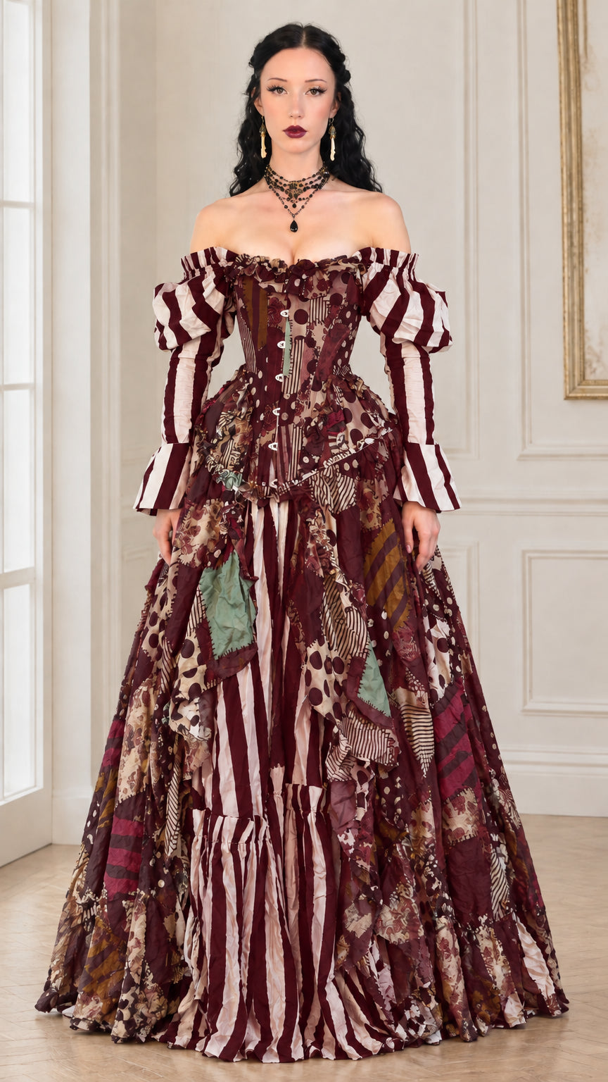 Full front view of burgundy wine patchwork off-shoulder corset ball gown