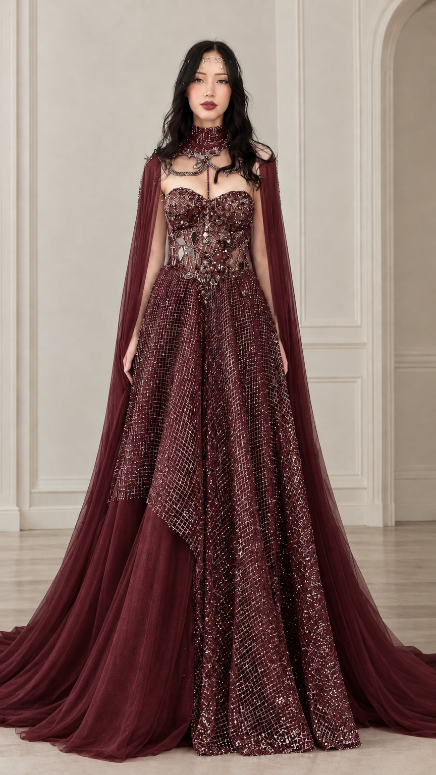 Full front view of burgundy wine embellished evening gown with high-neck sheer cape train
